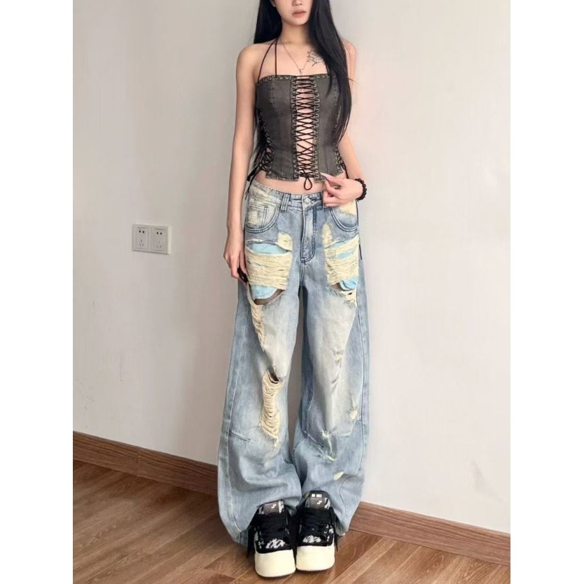 高街复古破洞牛仔裤女夏季2025新款高腰显瘦阔腿裤子宽松bf慵懒风