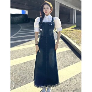 收腰显瘦宽松长裙子 毛边中长款 复古牛仔背带连衣裙女秋季 2023新款