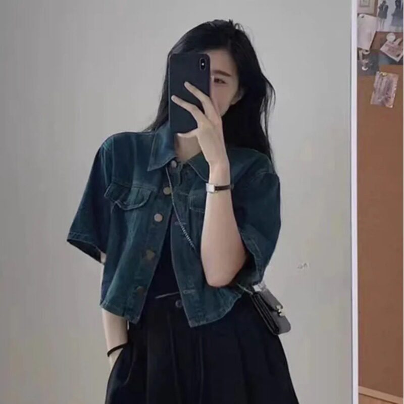 复古牛仔外套女夏季薄款2023年新款显瘦修身短款中袖上衣短袖衬衫