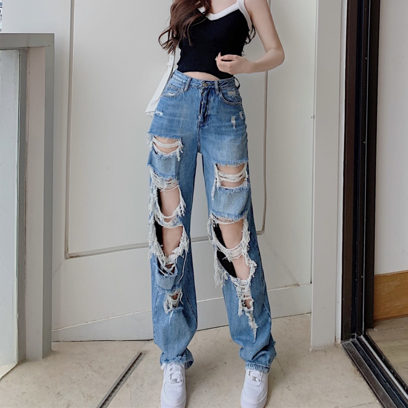 乞丐个性大破洞牛仔裤女夏季2022新款高腰显瘦百搭直筒阔腿加长版