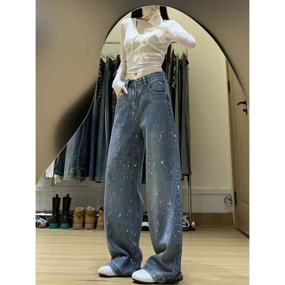 小众设计感满钻牛仔裤女春秋季2026年新款高腰显瘦宽松直筒阔腿裤