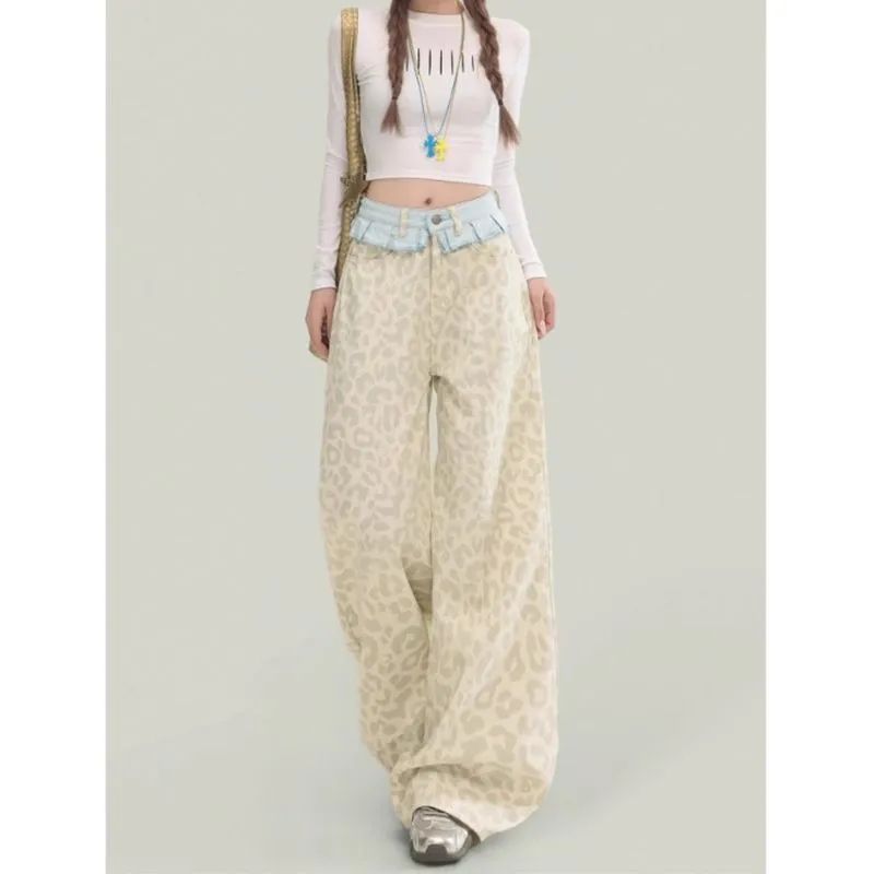 白色豹纹裤假两件拼接牛仔裤子女