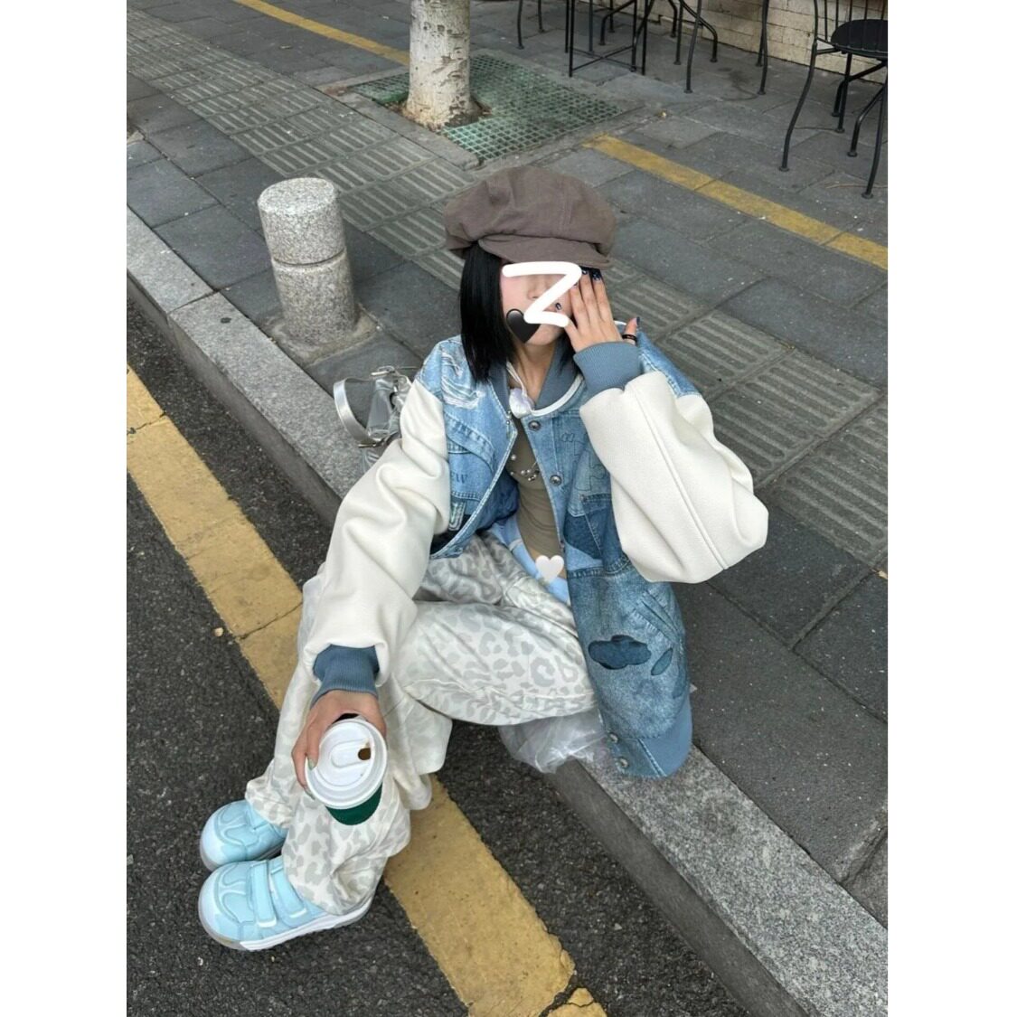 白色豹纹裤裙摆拼接牛仔裤女秋季2025新款低腰显瘦宽松直筒阔腿裤