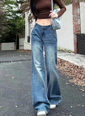 浅蓝色美式复古微喇牛仔裤女春秋季2026新款高腰显瘦宽松喇叭裤子