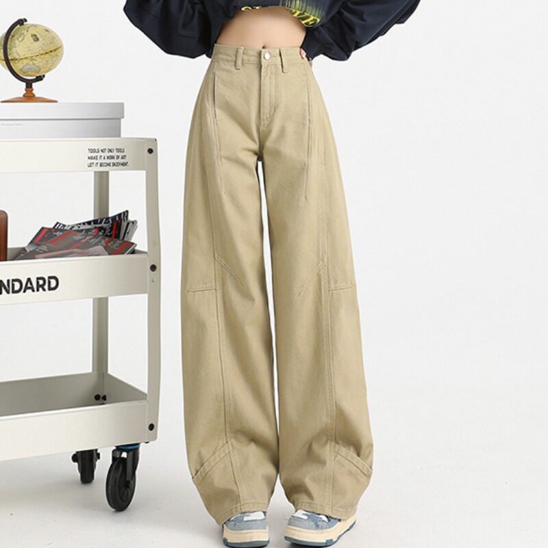 卡其色牛仔裤弯刀裤女阔腿长裤子