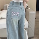 高腰显瘦直筒宽松阔腿拖地裤 刺绣蝴蝶结牛仔裤 2025新款 女夏季 薄款