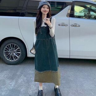 洋气复古拼接牛仔背带裙女春秋设计感小个子显瘦宽松中长款连衣裙