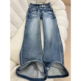 美式复古加绒牛仔裤女秋冬季加厚2025新款高腰显瘦宽松直筒阔腿裤