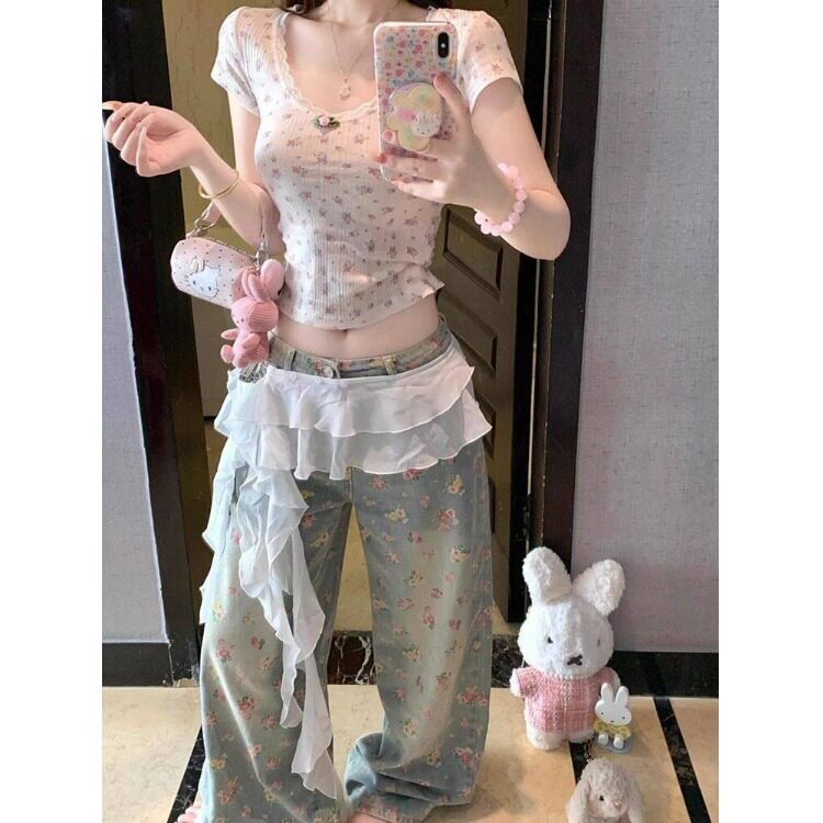 美式复古碎花牛仔裤子女夏季薄款