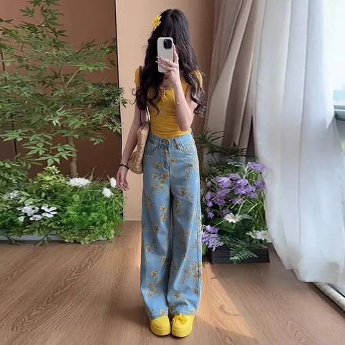 大花朵印花牛仔裤女夏季薄款裤子
