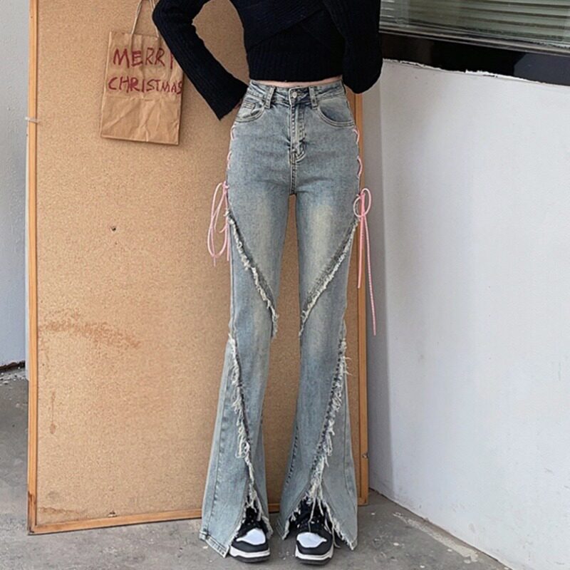 绑带微喇裤开叉牛仔裤女夏季薄款高腰修身复古毛边设计感喇叭裤子
