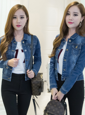 深蓝色牛仔短外套女春秋季2023新款小个子修身显瘦百搭长袖牛仔衣