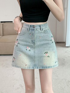 包臀防走光裙裤 小花朵刺绣牛仔裙半身裙女夏季 A字裙高腰显瘦修身