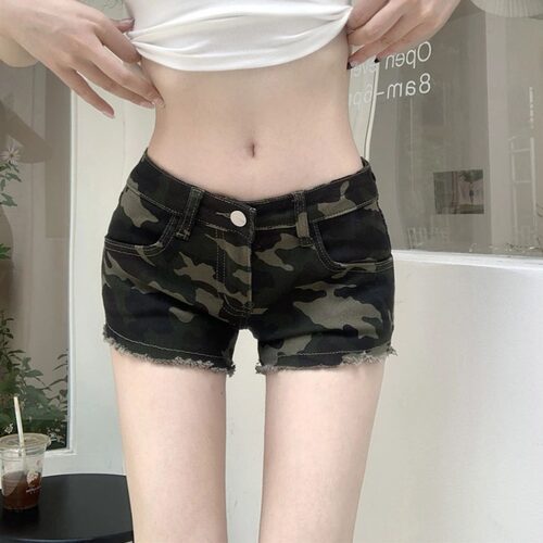 美式迷彩牛仔短裤女夏毛边热裤子