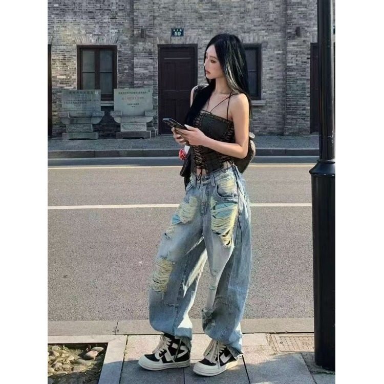 大面积磨破洞牛仔裤宽松阔腿裤子