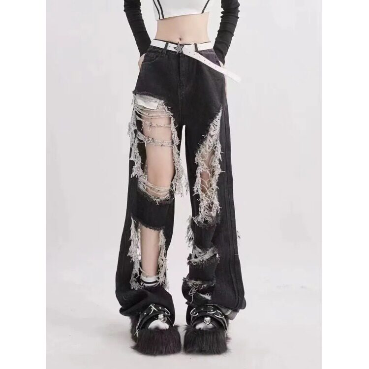 美式高街超火破洞牛仔裤女阔腿裤
