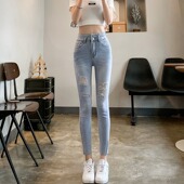 女夏季 小脚裤 薄款 高腰显瘦九分弹力修身 潮 2023新款 乞丐破洞牛仔裤