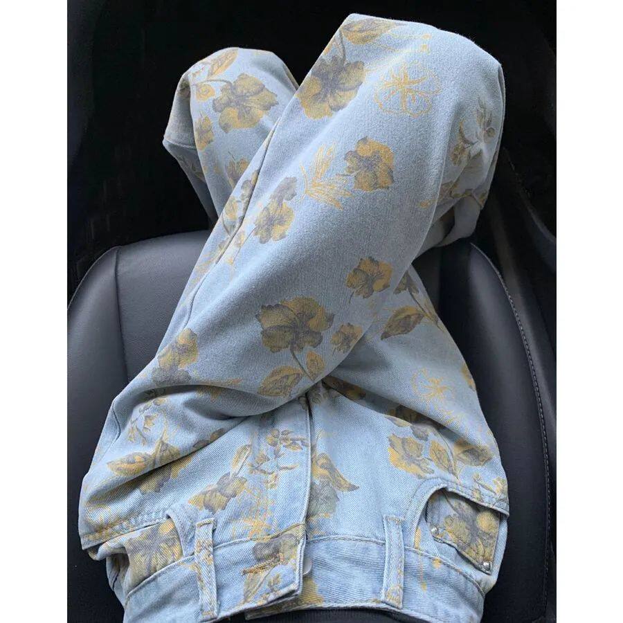 美式复古印花朵阔腿牛仔裤女春秋季2026新款设计感休闲显瘦直筒裤