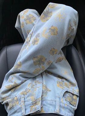 美式复古印花朵阔腿牛仔裤女春秋季2026新款设计感休闲显瘦直筒裤