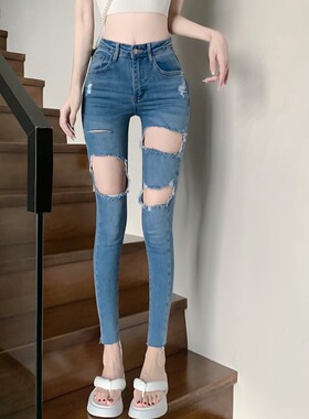个性设计感破洞牛仔裤女夏季薄款九分裤高腰显瘦弹力紧身小脚裤子