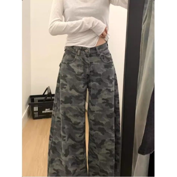 迷彩灰大喇叭牛仔女阔腿裤子慵懒