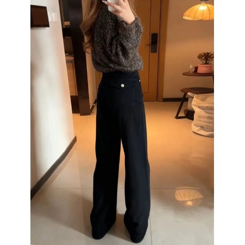 黑色牛仔裤女春秋季2026新款设计高腰显瘦宽松直筒裤小个子九分裤