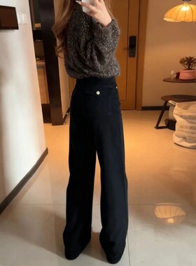 黑色牛仔裤女春秋季2026新款设计高腰显瘦宽松直筒裤小个子九分裤