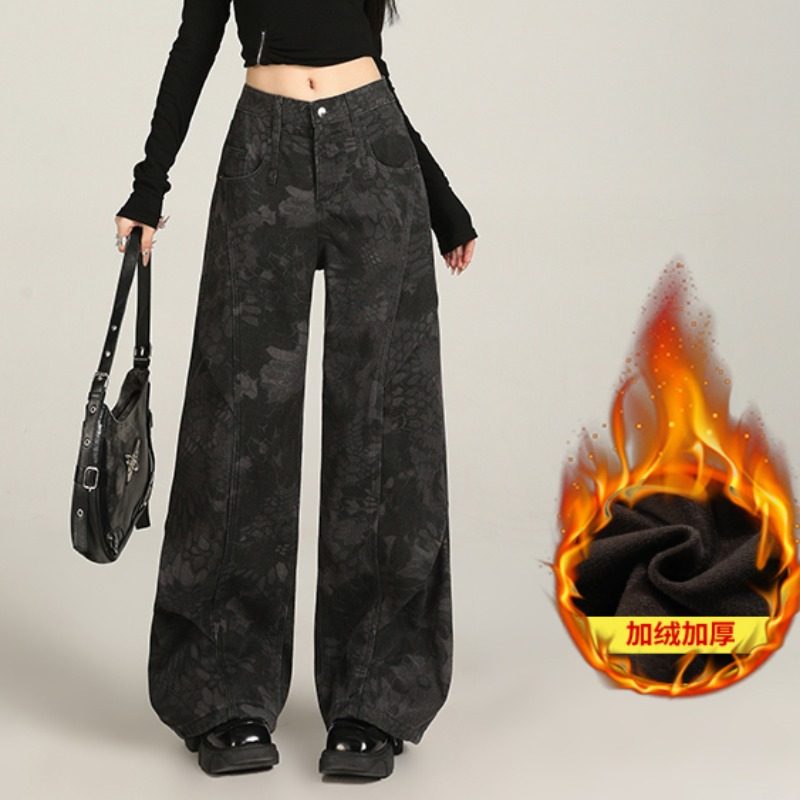 小众设计感加绒牛仔裤女秋冬季加厚2025新款高腰显瘦宽松阔腿裤子