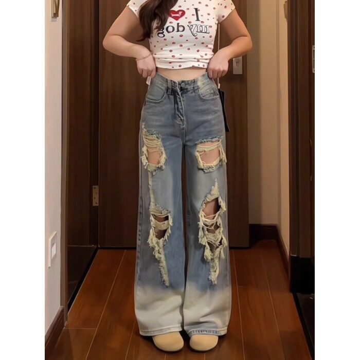 美式复古乞丐裤破洞牛仔裤女夏季2026新款高腰显瘦宽松直筒阔腿裤
