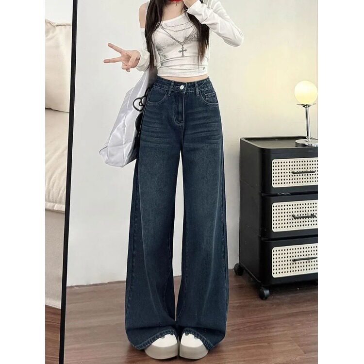 美式复古深蓝色牛仔裤女春秋季2026年新款潮高腰显瘦宽松阔腿裤子