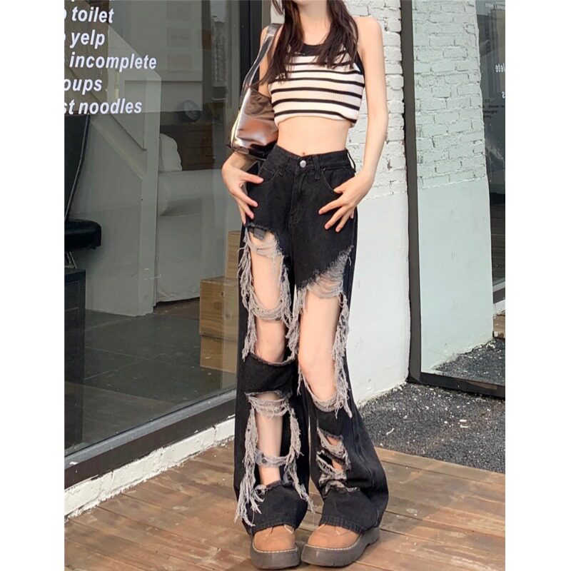黑色破洞乞丐牛仔裤女夏设计感辣妹显瘦阔腿裤毛边直筒拖地长裤子