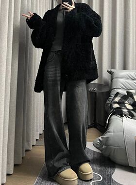 黑灰色阔腿牛仔裤女春秋季2026新款梨形身材宽松显瘦直筒裤子外穿