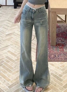 小众设计感破洞牛仔裤女春秋季2026新款蕾丝花边修身显瘦微喇叭裤