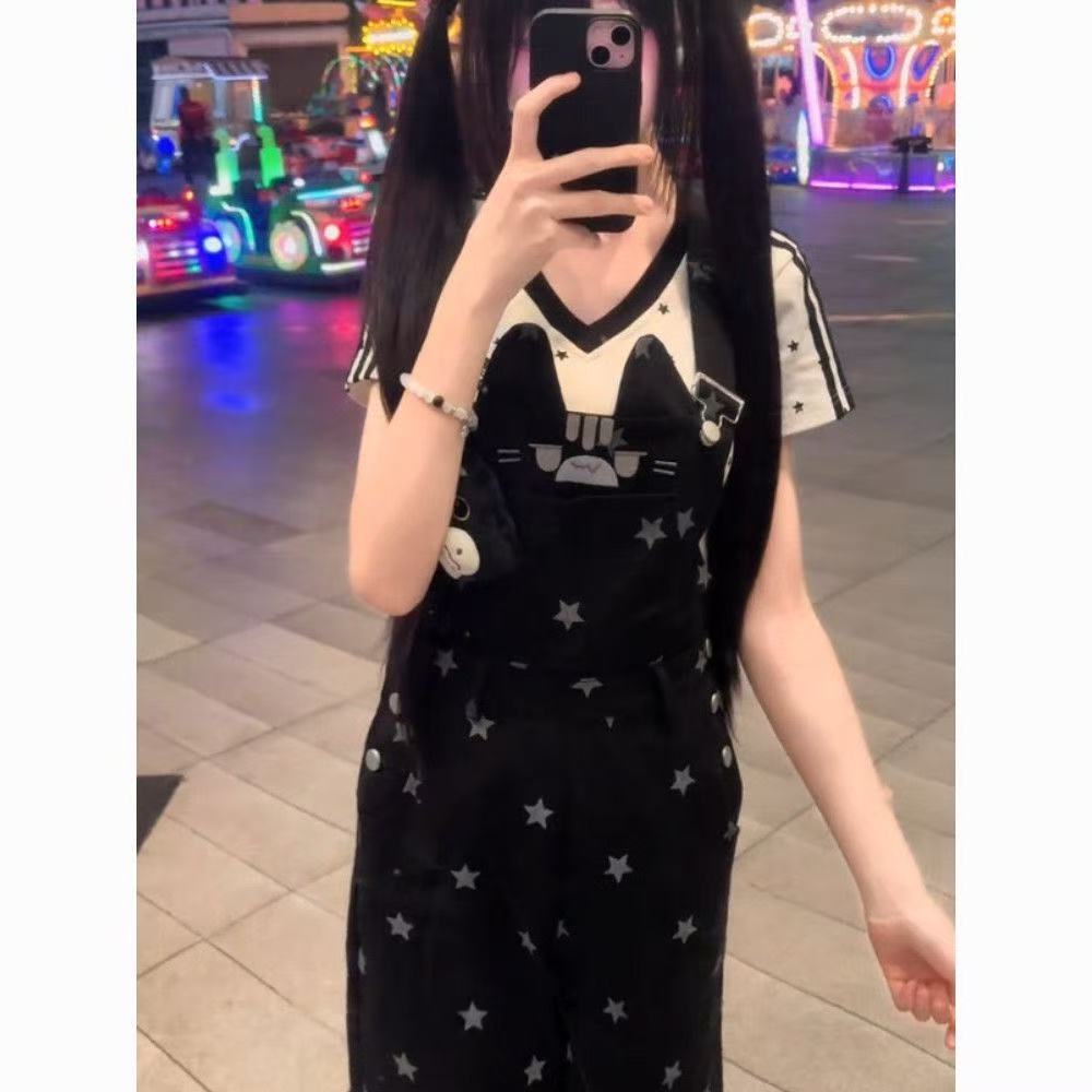 kitty猫刺绣牛仔背带裤女春秋季