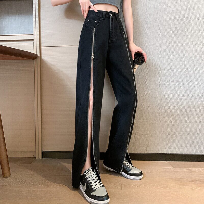 设计感开叉个性拉链牛仔裤女夏季