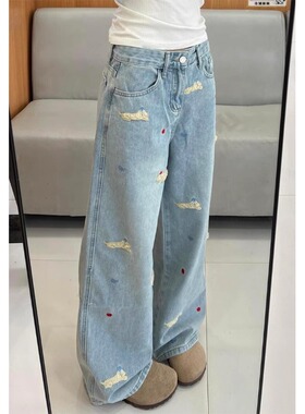 腊肠狗刺绣阔腿牛仔裤女春秋季2025新款高腰显瘦直筒宽松阔腿裤子