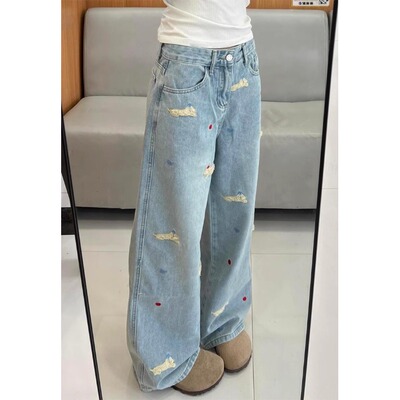 腊肠狗刺绣阔腿牛仔裤女春秋阔腿