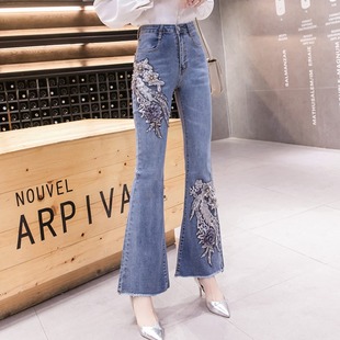 弹力设计感微喇叭长裤 高腰显瘦修身 女春秋2025新款 贴花微喇牛仔裤