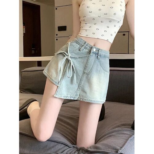 绑带假两件牛仔短裤女夏季热裤子