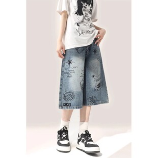 复古涂鸦牛仔短裤 休闲中裤 女夏季 宽松直筒五分裤 子 阔腿七分裤 美式