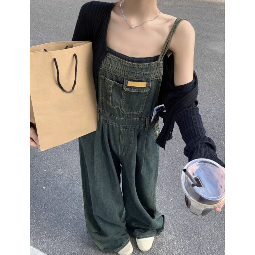 美式复古减龄牛仔背带裤女春秋季2026新款宽松阔腿裤吊带连体裤子