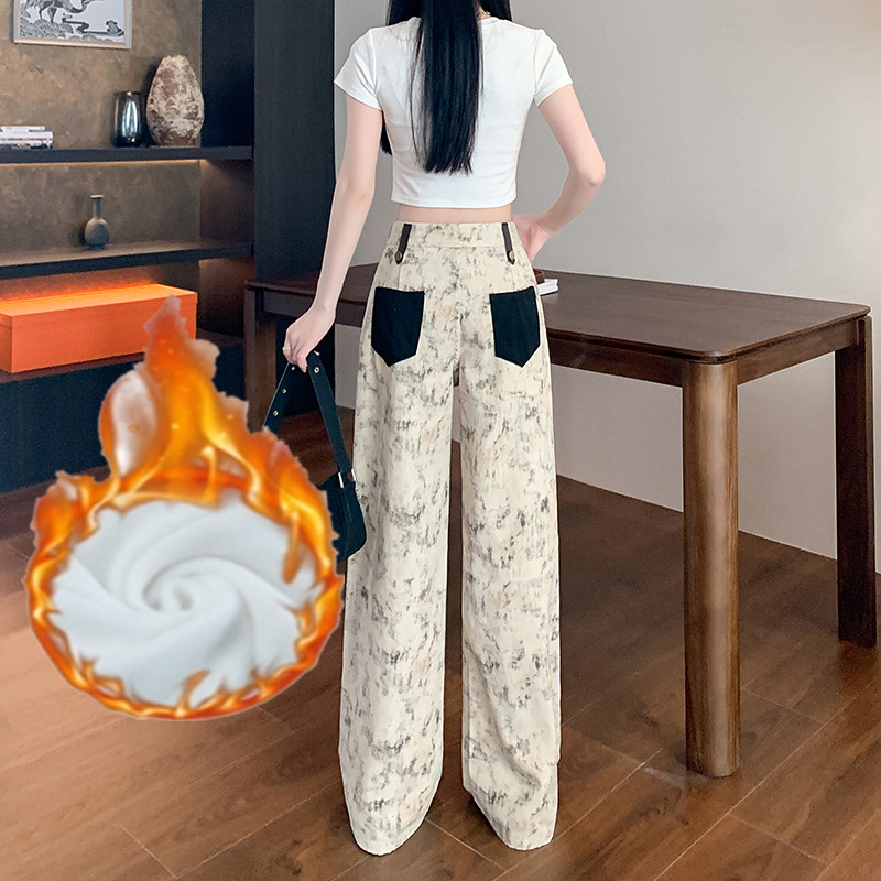 高街复古扎染加绒牛仔裤女秋冬季