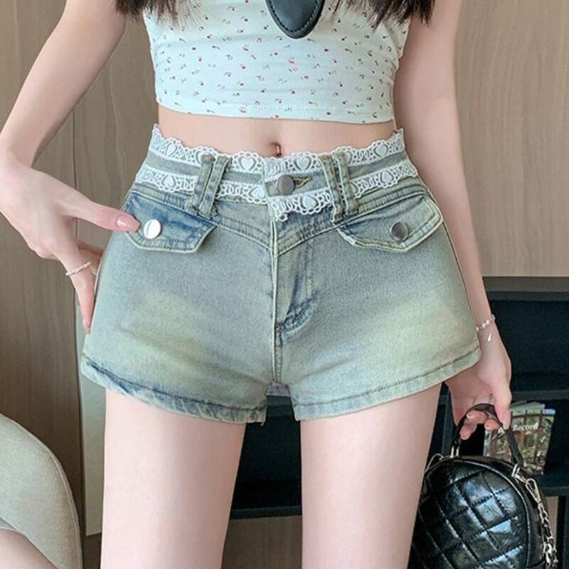 浅复古蓝牛仔短裤女夏季蕾丝花边