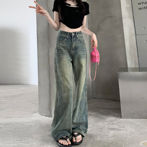 高街复古阔腿牛仔裤女春秋季长裤