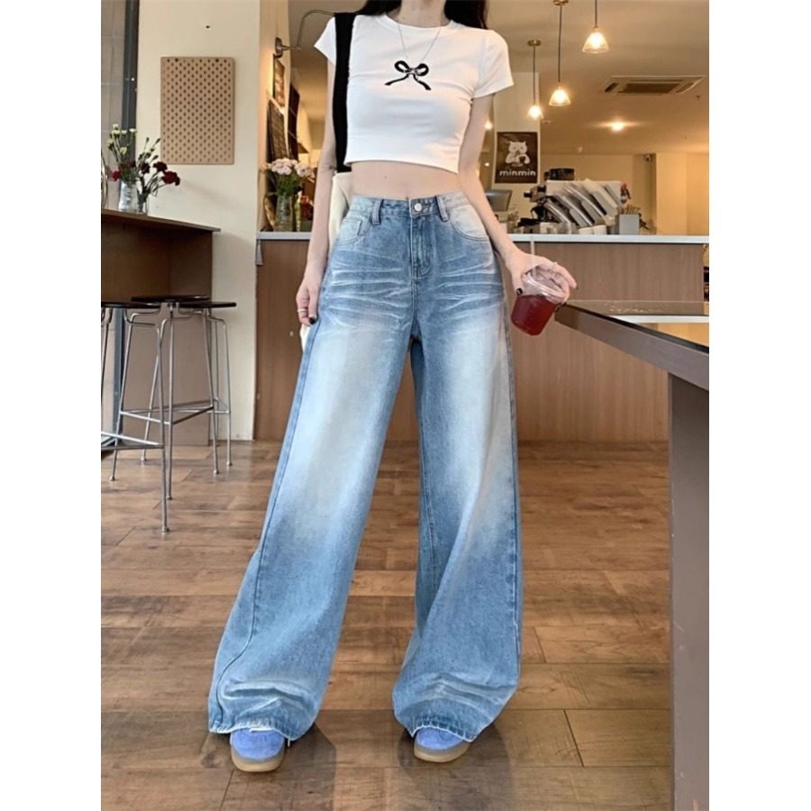 浅复古蓝微喇牛仔裤女春秋季小个子美式高街显瘦修身直筒拖地裤子