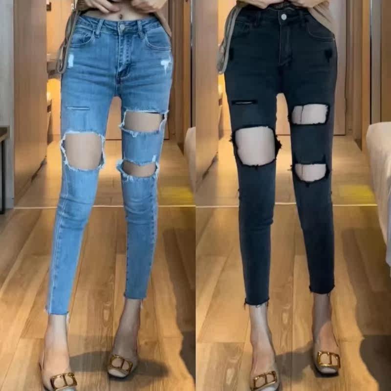 九分破洞牛仔裤女夏季薄款2025新款高腰显瘦修身铅笔裤紧身小脚裤