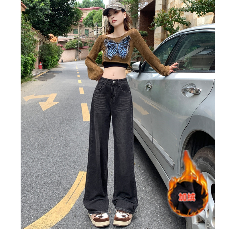 黑色加绒牛仔裤女秋冬季加厚2025新款高腰显瘦直筒裤小个子九分裤