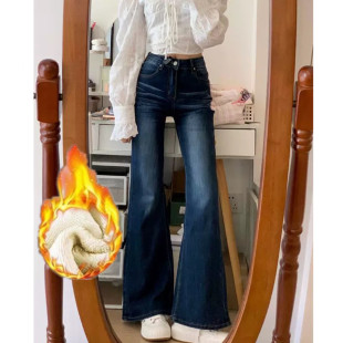 女秋冬季 子加绒牛仔裤 高腰修身 显瘦百搭长裤 美式 喇叭裤 复古微喇裤