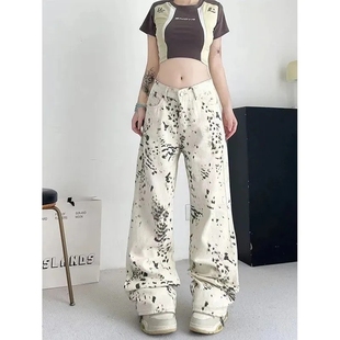 显瘦高腰阔腿裤 豹纹裤 2025新款 女春秋季 子宽松bf慵懒风 白色牛仔裤
