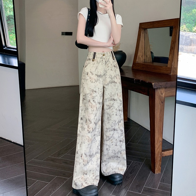 印花扎染阔腿牛仔裤女夏季薄款2025年新款高腰显瘦宽松垂感长裤子